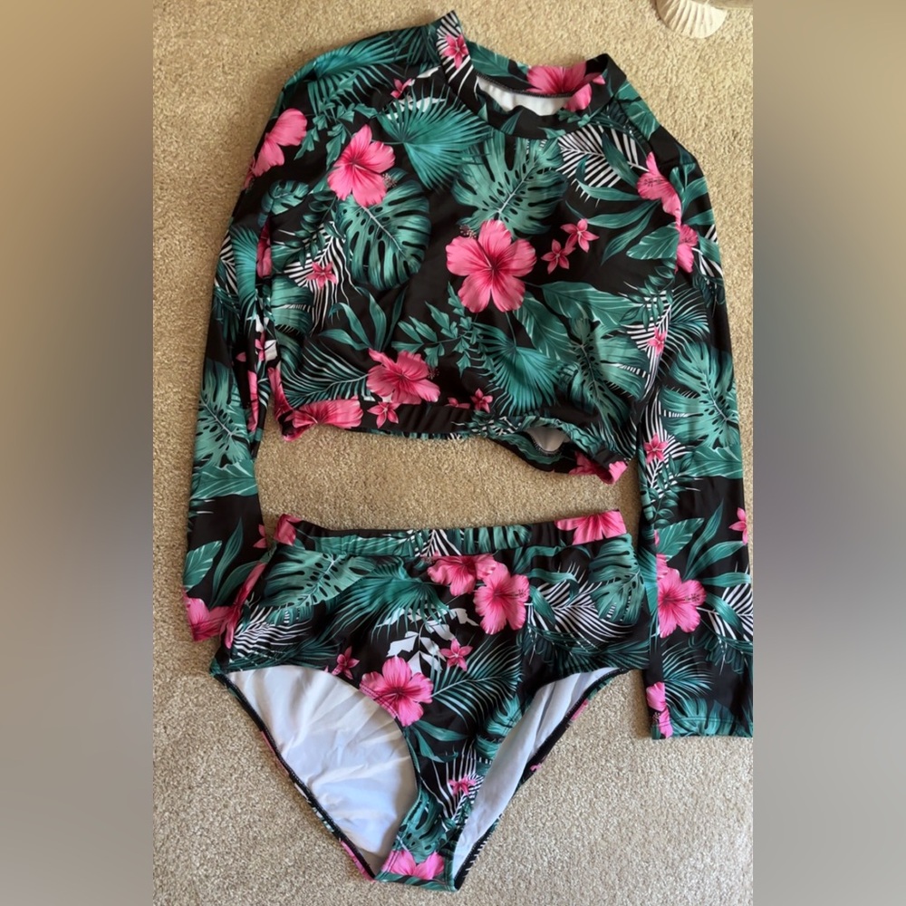 SHEIN Tropical Floral Long Sleeve Swim Set - Pink and Green
